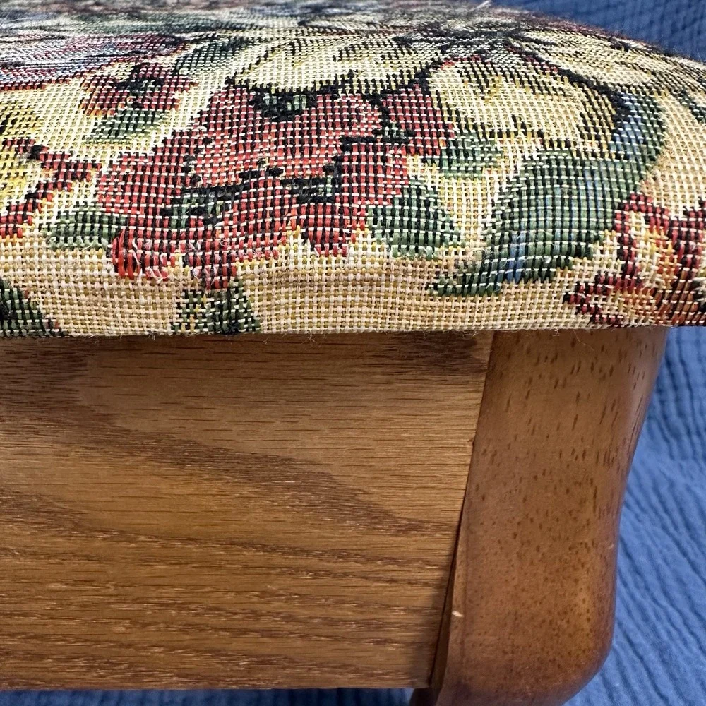 Vintage Wooden Tapestry Footstool Floral Upholstered Cushion Storage Bin Cottage